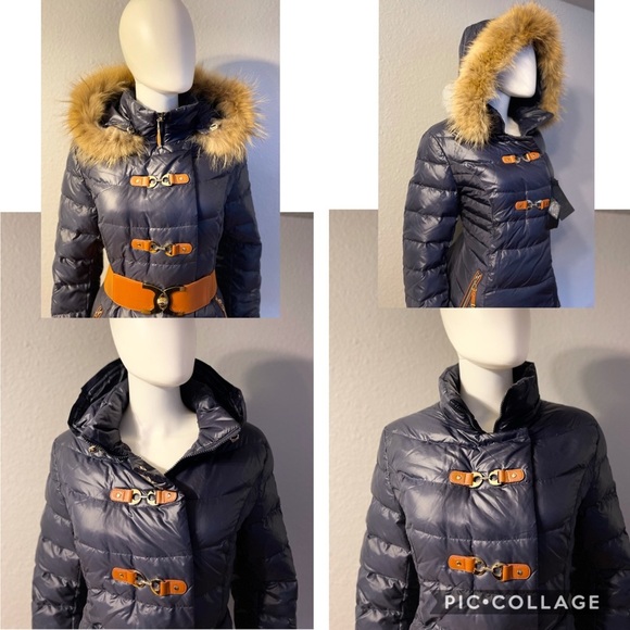 NWT WOMEN WINTER DOWN PUFFER REAL RACCOON FUR TRIM HOOD NAVY‎ PARKA COAT JACKET - Picture 3 of 11